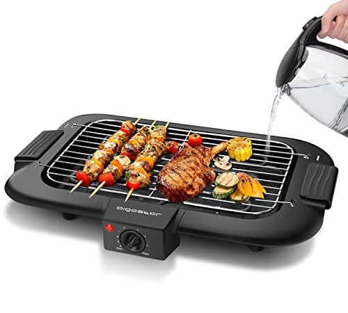 Aigostar Rauchfreier Tischgrill Barbecue Elektrogrill Elektrischer BBQ Grill 2000 Watt Antihaftbeschichtete Grillfläche 36 x 21cm, Abnehmbarer Fettauffangschale, Thermostat, Schwarz.