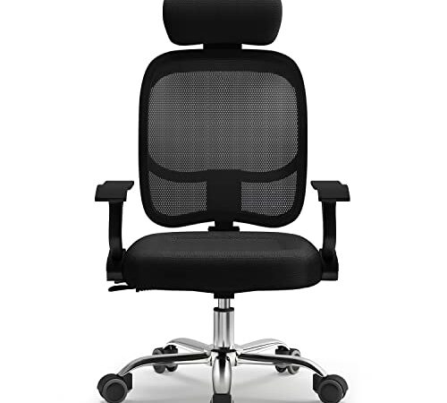 Airchros Bürostuhl Ergonomisch, Schreibtischstuhl mit Sperrfunktion, Ergonomischer Office Chair mit Kopfstütze und Armlehnen, Schwarz Drehstuhl