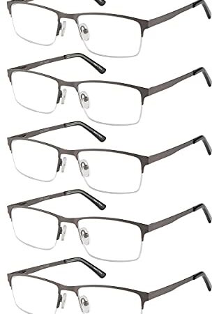 Amcedar 5 stuks Lesebrille Herren Quadratischer Rahmen Metall Grau Edelstahl Material Federscharniere Enthalten Lesebrille +3.00