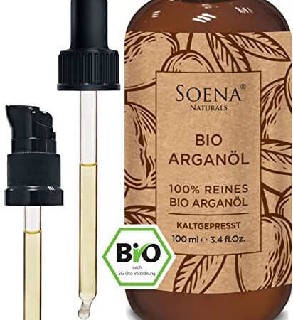 ARGANÖL BIO KALTGEPRESST | 100% Rein | Für Haare Haut & Nägel | Pipette+Pumper | Original aus Marokko | 100ml im lichtgeschützten Braunglas | Für Kosmetik | Feuchtigkeitspflege von Soena Naturals