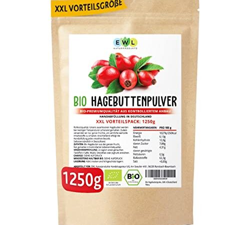 Bio Hagebuttenpulver Bio 1250g XXL Vorteilspack Hagebuttenpulver in Rohkostqualität | Ganze schonend gemahlene Hagebutte | kontrollierter Anbau | Kontrolliert und abgefüllt in Deutschland