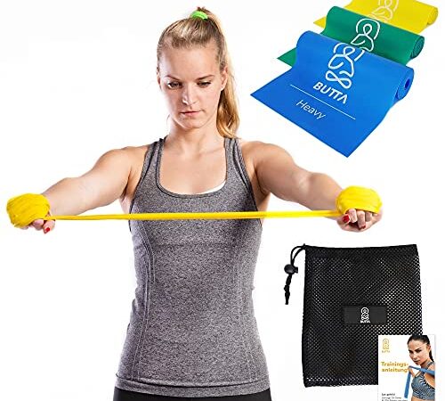 BUTTA Fitnessband [ 3er Set ] Theraband Widerstandsband Gymnastikband mit Deutscher Anleitung für Muskelaufbau, Yoga, Pilates, Physiotherapie, 100% Naturlatex, Hometraining