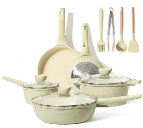 CAROTE Topfsets Pfannenset12-teilig,Pfanne 20,26cm,Stielkasserolle 1.8L,Topf 4.3L,Tiefe Bratpfanne 30cm,Antihaft-Beschichtung mit Deckel,Pfannenwender,Kochlöffel,Küchenzange,Induktionspfanne