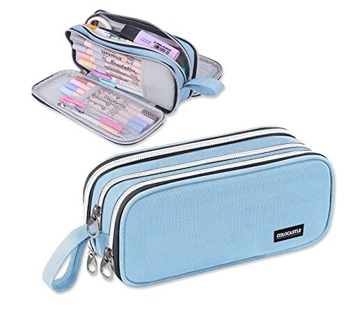 COLOCASTLE Federmäppchen Mäppchen Federmappe groß mit 3 Fächern Federtasche Mädchen Jungen Teenager Pencil Case Schlamppermäppchen für Schule Büro (Lichtblau)