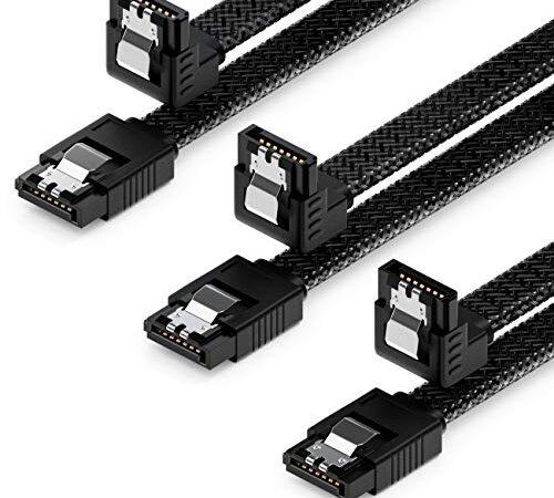 deleyCON 3x 50cm SATA 3 Nylon Kabel Set Datenkabel 6 Gbit/s Anschlusskabel Verbindungskabel Mainboard HDD SSD Festplatte 1 S-ATA Stecker 90° Gewinkelt Schwarz