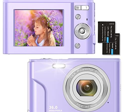 Digitalkamera 1080P HD Kompaktkamera 36 Megapixel Mini-Videokamera 2,4" LCD Digitalkamera Wiederaufladbare Fotokamera mit 16X Digitalzoom für Studenten/Erwachsene/Kinder/Anfänger (Bläulich Lila)