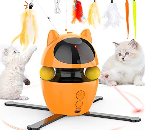 Dreamon 3 in 1 Katzenspielzeug Elektrisch - Interaktives Katzenspielzeug Selbstbeschäftigung Katzen Spielzeug Intelligenz mit 5 Ersatz Federspielzeug & USB Aufladbar (Orange)