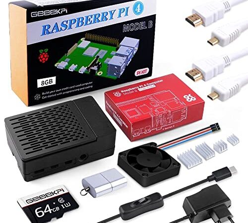 GeeekPi Raspberry Pi 4 8GB Starter Kit mit 64GB SD Karte, Raspberry Pi 4 Gehäuse mit PWM Lüfter, Raspberry Pi 5V 3.6A 18W Netzteil mit EIN/Aus Schalter, 2pcs HDMI Kabel für Raspberry Pi 4B (8GB RAM)