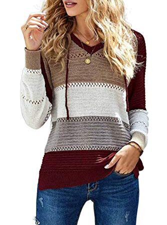 GOLDPKF Weihnachtspullover Damen Sport Top Damen Farbblock Kapuzenpullover Gestreift Hoodie Entspannt Sweatshirt mit Kapuze Lässiger Rotwein L 44-46