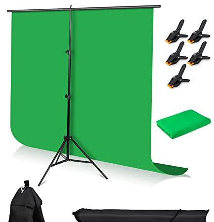 Greenscreen Hintergrund mit Ständer,1.5 x 2 m Greenscreen mit 2 x 2M Verstellbarer Fotografie Hintergrund Ständer,5 Klemmen und Sandsack für Streaming-Gaming-Fotoshooting Produkt Video Fotografie