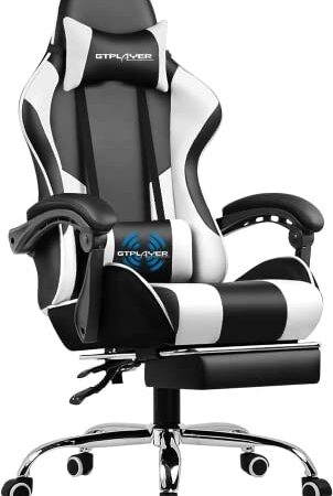 GTPLAYER Bürostuhl Gaming Stuhl Massage Gaming Sessel Ergonomischer Gamer Stuhl mit Fußstütze, Kopfstütze Massage-Lendenkissen, Gepolstert Gaming Chair, Drehsessel weiß