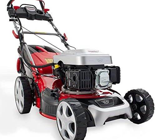 HECHT 5IN1 Rasenmäher Benzin – Leistungsstarker 4 Takt Motor mit 46 cm Schnittbreite – 60 L Fangkorb – Radantrieb – Mulchfunktion – Selbstantrieb (Mit Elektro-Start)