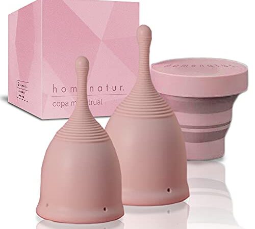 HOMENATUR Menstruationstasse - Set mit 2 Menstruationstassen in Größen S und L und Zusammenklappbarer Sterilisator - Medizinisches Silikon - WiederverwendBar, Bequem und Sicher - Multifunktional