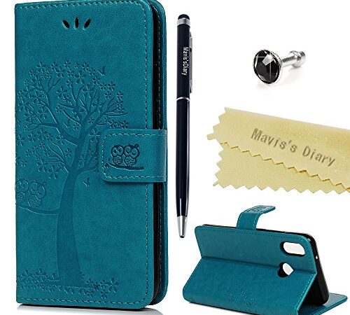 Huawei P20 Lite Hülle Case Mavis's Diary Eule Baum Muster Leder Tasche Handyhülle Flip Cover Schutzhülle Lederhülle Skin Ständer Schale Handytasche Bumper Magnetverschluss Klappbar Ledertasche-Blau