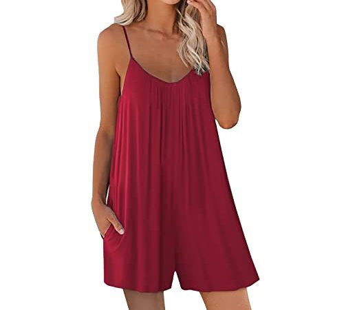 Jumpsuit Damen, Damen Einteiler Overall Ärmellos Sommer Spaghettiträger Playsuit Loose Kurze Einfarbige Trägerhose Strand Lässige Leichte Strampler Romper Bequeme Mode Onesie Sommerhose