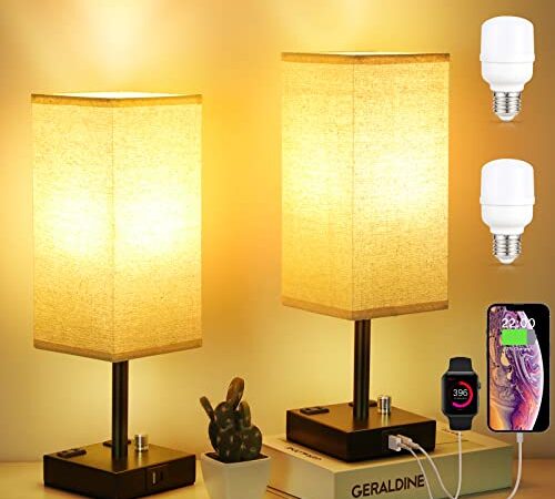 Kakanuo Nachttischlampe Dimmbar 2er Set mit USB A+Typ-C-Anschlüssen 2 Steckdosen 2 LED Birnen, Tischlampe mit Drehschalter Stufenlos Dimmbar für Schlafzimmer Wohnzimmer Kaffeetisch Babyzimmer Hote