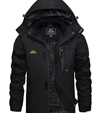 KEFITEVD Winterjacke Herren Warm Softshell Jacke Wasserdicht Snowboardjacke Gefüttert Kapuzenjacke Thermo Outdoorjacke für Snowboard Ski Männer Schwarz L