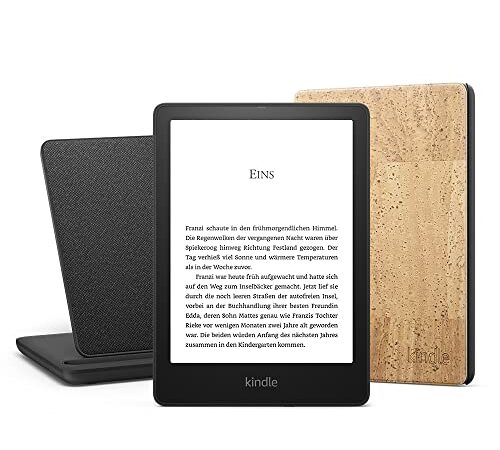 Kindle Paperwhite Signature Essentials Bundle mit einem Kindle Paperwhite Signature Edition (32 GB | ohne Werbung), einer Amazon Korkhülle (Hell) und einem kabelloses Ladedock „Made for Amazon“