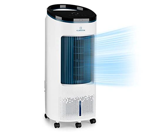 Klarstein Klimaanlage ohne Abluftschlauch, 5-in-1 Air Cooler, Leiser Ventilator, Luftbefeuchter & Nachtmodus, Mobiles Klimagerät mit Wasserkühlung, Luftkühler 7 Liter, 330 m³/h, Weiß/Blau