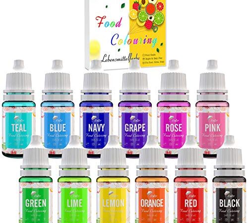 Lebensmittelfarbe 12 Farben x 10ml - Flüssige Lebensmittel Farben zum Kuchen Backen, Kekse, Fondantieren, Macaron - Lebendiger Lebensmittelfarbstoff für Dekorieren und Kochen, Airbrush, DIY Seifen