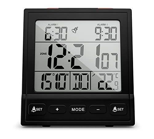 Mebus Digitaler Funkwecker mit Thermometer, Datumsanzeige, Zwei Weckzeiten, Weckwiederholung, automatische Einstellung Sommer-/Winterzeit, Funk-Uhr, Digitalwecker/Farbe: Schwarz/Modell: 25581