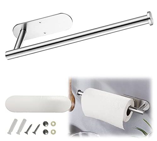 MORROLS Küchenrollenhalter Schrank Ohne Bohren Oder Bohrbar Zewa Rollenhalter Unter Schrank Bohren Edelstahl Unterschrank Papierrollenhalter Wand Selbstklebend Halterung,Kitchen roll Holder(Silber)