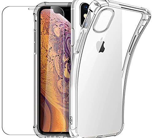 New&Teck hülle für iPhone X/XS + Panzerglas, Durchsichtig Case Transparent Silikon TPU Schutzhülle Premium 9H Gehärtetes Glas für iPhone X/XS