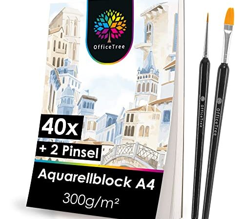 OfficeTree 40 x Aquarellblock A4 300g - Aquarellpapier A4 Weiß – Zeichenblock A4 für Wasserfarben - Papier für Aquarellmalerei - Zeichenblock Aquarell Papier A4 inklusive 2 Pinsel