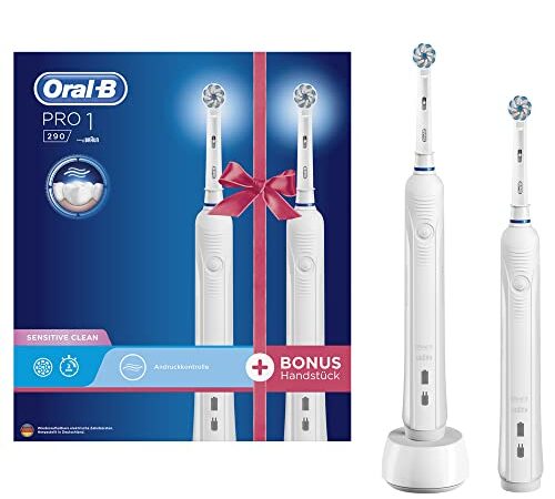 Oral-B PRO 1 290 Doppelpack Elektrische Zahnbürste/Electric Toothbrush für eine gründliche Zahnreinigung, 3 Putzprogamme, Drucksensor & Timer, 1 Sensitive Clean Aufsteckbürste, weiß