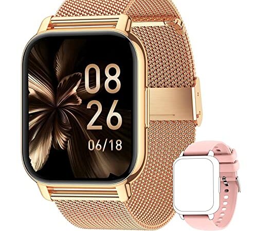 Popglory Smartwatch für Damen Herren, 1.85 Zoll Touch-Farbdisplay mit Bluetooth Anrufe,Fitnessuhr mit SpO2 Blutdruckmessung Herzfrequenz Schrittzähler Schlafmonitor kompatibel mit iOS&Android