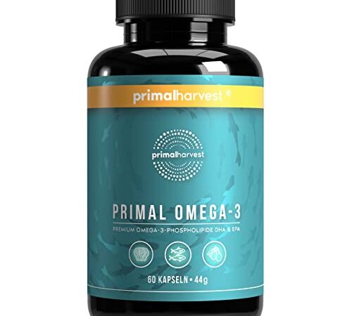 Primal Harvest ® Omega 3 Fischöl (30 Portionen) - 60 Omega 3 Kapseln in leicht zu schluckender Softgel-Form - 470mg EPA & DHA aus nachhaltig gefangenem norwegischem Fisch