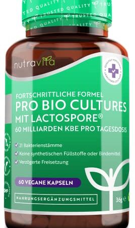 Pro Bio Cultures Complex – 60 Mrd KbE pro Tagesdosis mit 21 Bakterienstämmen – Premium: Mit Lactospore® - Mit hoher Wirksamkeit und intensivem Wirkstoffgehalt – Hergestellt von Nutravita