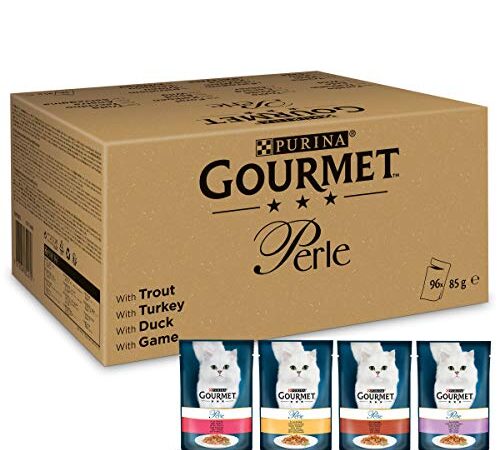 PURINA GOURMET Perle Erlesene Streifen in Gelee, 96 Portionsbeutel Katzenfutter nass, Sorten-Mix, (12 x 8 Beutel à 85g), 12 Stück (1er Pack)