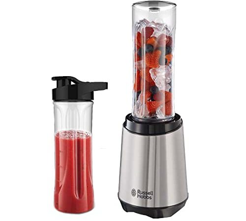 Russell Hobbs Mixer - Standmixer & Smoothie Maker to go [23.500 U/min Power-Motor] inkl. 2x Mixbehälter 600ml (BPA-frei, spülmaschinen- & bruchfest inkl. Deckel) Zerkleinerer, Edelstahl, 23470-56