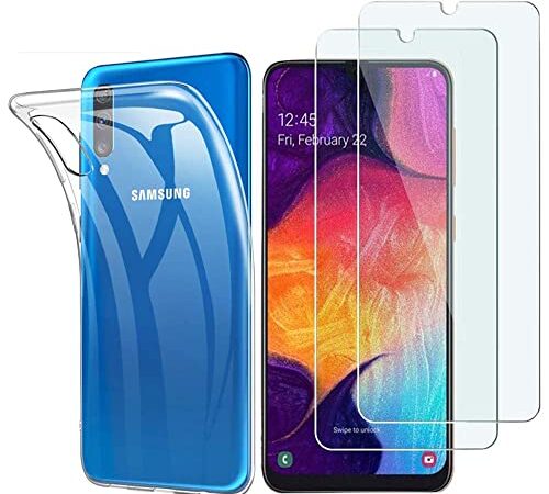 Samsung Galaxy A50 Panzerglas Hülle, [1 Handyhülle 2 Panzerglas] Schutzhülle [Ultra Dünn] Folie Glas 9H Panzerglasfolie TPU Silikon Case Cover Tasche Schale Transparent Crystal für Samsung Galaxy A50