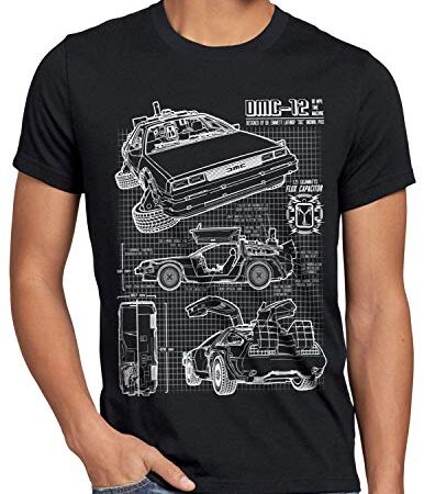 style3 DMC-12 Blaupause T-Shirt Herren Zeitreise 80er McFly Blueprint Auto Car, Größe:M, Farbe:Schwarz