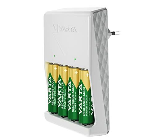 VARTA Akku Ladegerät, inkl. 4X AA 2100mAh, Batterieladegerät für wiederaufladbare Batterien, lädt 2 oder 4 AA/AAA gleichzeitig, Plug Charger, weiß