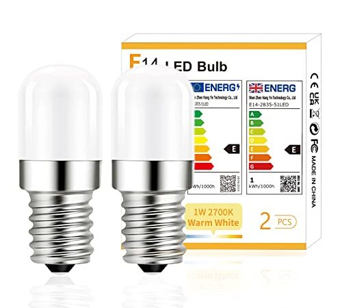 YzzYzz E14 LED Warmweiss Lampe, 2700K E14 LED Kühlschranklampe Warmweiß, 1W Ersatz für 15W Halogenlampen, 120 Lumen LED Kühlschrankbirne, 360° Abstrahlwinkel, Nicht Dimmbar, 230V AC, 2 Stück