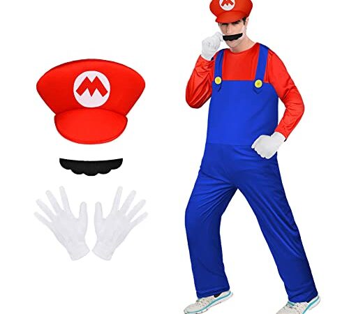 Aomig Mario Kostüm, 4 Stück Luigi Bros Cosplay mit Mütze Hose Bart Handschuhe, Mario und Luigi Kostüm Set Männer Damen, Erwachsene Outfit Kostüm für Weihnachten Karneval Faschingskostüme (Rot,L)