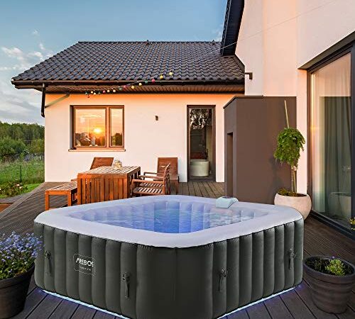 Arebos Spa Whirlpool 2400 W | automatisch aufblasbar | In- & Outdoor Spa Pool | 6 Personen | 185x185 cm | LED-Beleuchtung | 130 Massagedüsen | 910 L | Inkl. Abdeckung | Bubble Spa & Wellness Massage