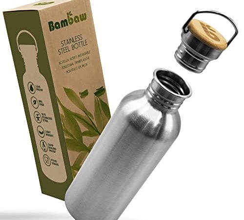 Bambaw Edelstahl, Langlebige Wasserflasche 1l| Wiederverwendbare öko | Für Camping & Lagerfeuer | Metall ohne Plastik | Sportflasche auslaufsicher