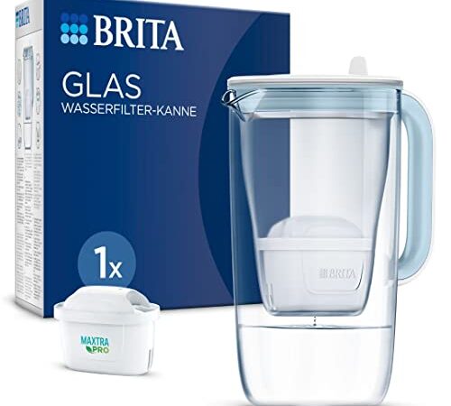 BRITA Glas Wasserfilter-Kanne Hellblau (2,5l) inkl. 1 MAXTRA PRO All-in-1 Kartusche - Premium Design Kanne aus Glas, robust & leicht / reduziert Kalk, Chlor, Pestizide, Metalle wie Blei & Kupfer