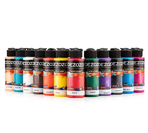 dezozo Acrylfarben Set - 12 Farben x 110ml, Reichhaltige Pigmentfarben für Leinwand, Holz, Papier, Keramik (Grund Farben)