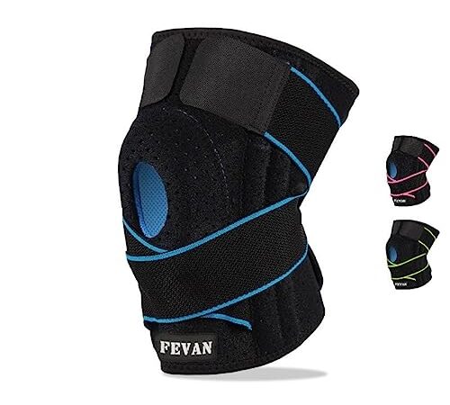 FEVAN Kniebandage mit Seitlichen Stabilisatoren aus Neopren mit Silikon - Kniebandage Männer und Damen - Kniebandage Kraftsport - Knee Support (Schwarz/Blau)