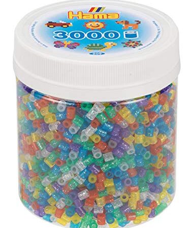 Hama Perlen 209-54 Bügelperlen Beutel mit ca. 3.000 bunten Midi Bastelperlen mit Durchmesser 5 mm im Transparent Glitter Mix, kreativer Bastelspaß für Groß und Klein