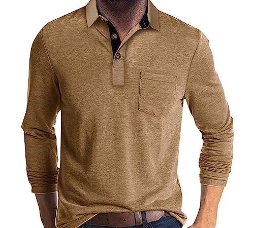 Herren T-Shirt Extra Lang Hemd Kariert Herren Hemd Herren Halbe Knopfleiste Einfarbig Henley Shirt Langarm Regular Fit Sommer T Shirts Mit Brusttasche Slim Fit Golf Shirt T-Shirt (Khaki, Xxl)