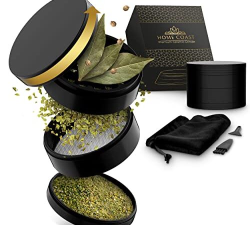 Home Coast ® Premium Keramik Grinder schwarz| Crusher Ø 63mm 4teilig | Nano Keramik beschichtete Kräutermühle mit Zubehör | Grinder Keramik inkl. Box, Reinigungsset und Tragetasche für unterwegs