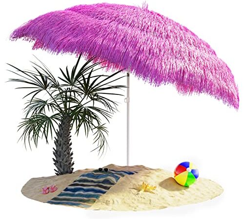 Kingsleeve Sonnenschirm Hawaii Ø 160 cm Neigbar Höhenverstellbar Erdspieß Strand Urlaub Balkon Strohschirm Strandschirm Bastschirm Hawaiischirm Pink