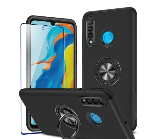 KRAFTCARE Hülle für Huawei P30 Lite mit 1 Pack Panzerglas Schutzfolie, Handyhülle mit Eingebetteter 360° Grad Ring, Magnetische Schutzhülle Stoßfest Cover Case für Huawei P30 Lite,Schwarz