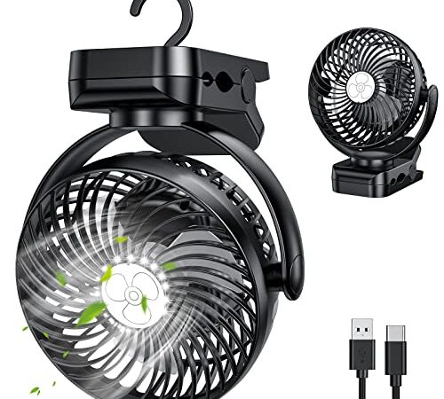 LORDSON 10000mAh Camping Ventilator, 3 in 1 USB Ventilator Clip Fan Tischventilator mit LED Licht Zelte, Einstellbare Geschwindigkeiten, Hängehaken, 720°Drehung für Camping Freien Hause Büro